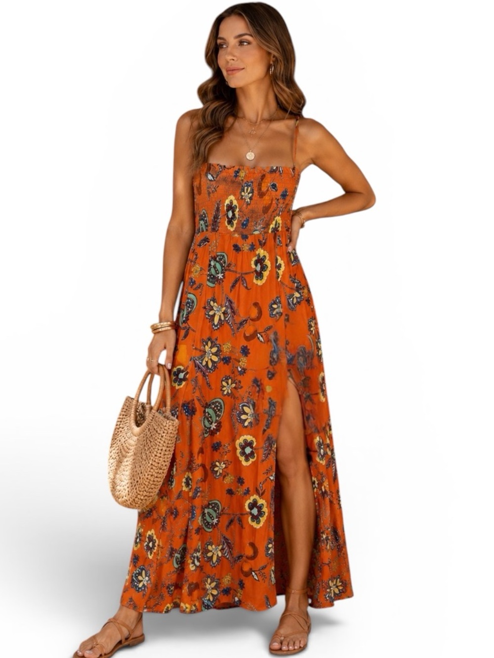 Maeve Anthropologie Floral Smocked Cross-Back Maxi Dress Orange Viscose Sz L